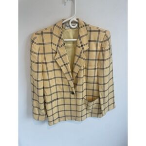 Vintage Evan Picone Plaid One Button Blazer Beige‎ Size 4 Made In USA